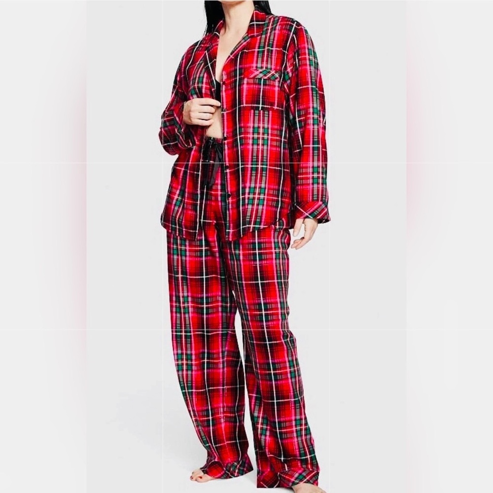 Victoria’s‎ Secret Women’s Red Plaid Flannel Pajama Set Size L Shimmer /Lurex